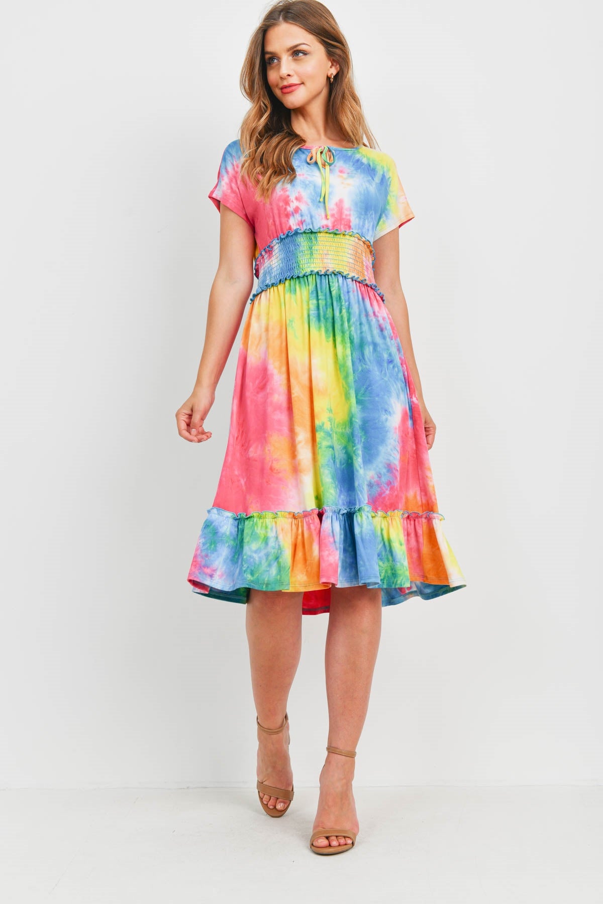 SMOCKED WAIST RIBBON DETAIL NECKLINE TIE DYE DRESS 1-2-2-2