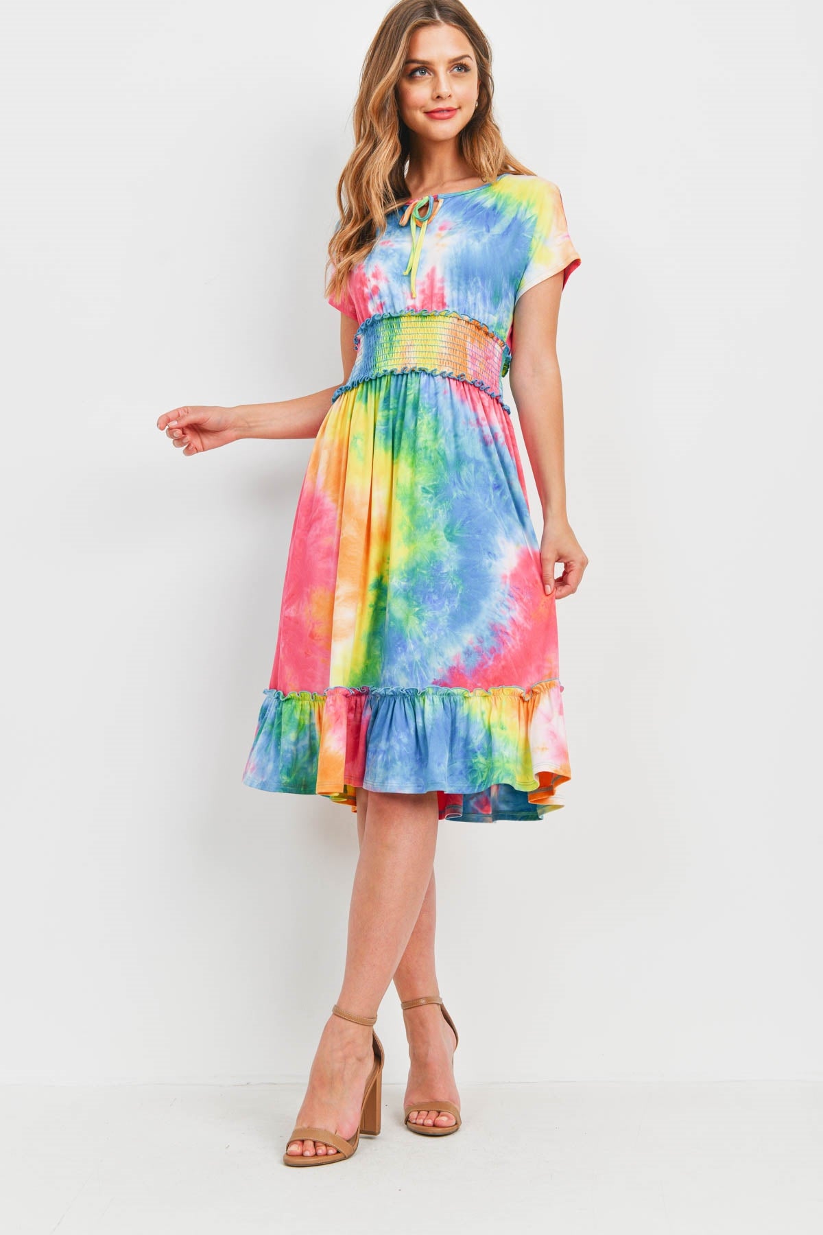 SMOCKED WAIST RIBBON DETAIL NECKLINE TIE DYE DRESS 1-2-2-2