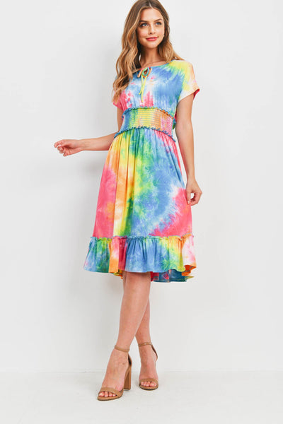 SMOCKED WAIST RIBBON DETAIL NECKLINE TIE DYE DRESS 1-2-2-2