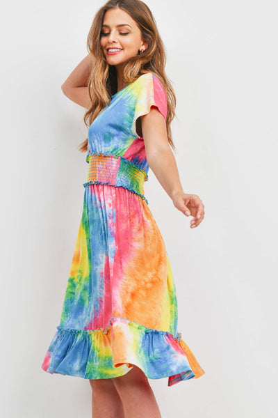 SMOCKED WAIST RIBBON DETAIL NECKLINE TIE DYE DRESS 1-2-2-2