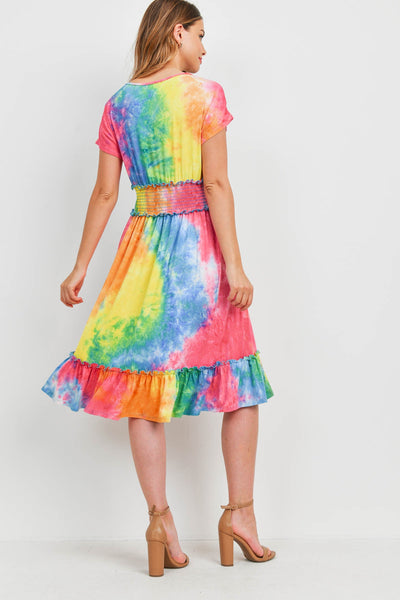 SMOCKED WAIST RIBBON DETAIL NECKLINE TIE DYE DRESS 1-2-2-2