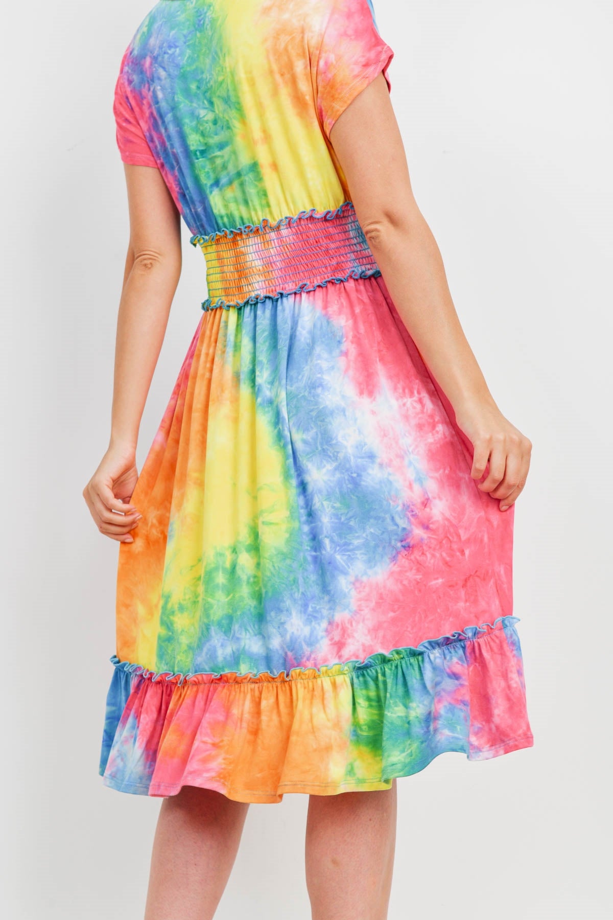 SMOCKED WAIST RIBBON DETAIL NECKLINE TIE DYE DRESS 1-2-2-2