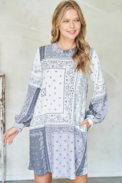 LONG SLEEVE PAISLEY PRINT DRESS WITH INSEAM POCKET 1-2-2-2