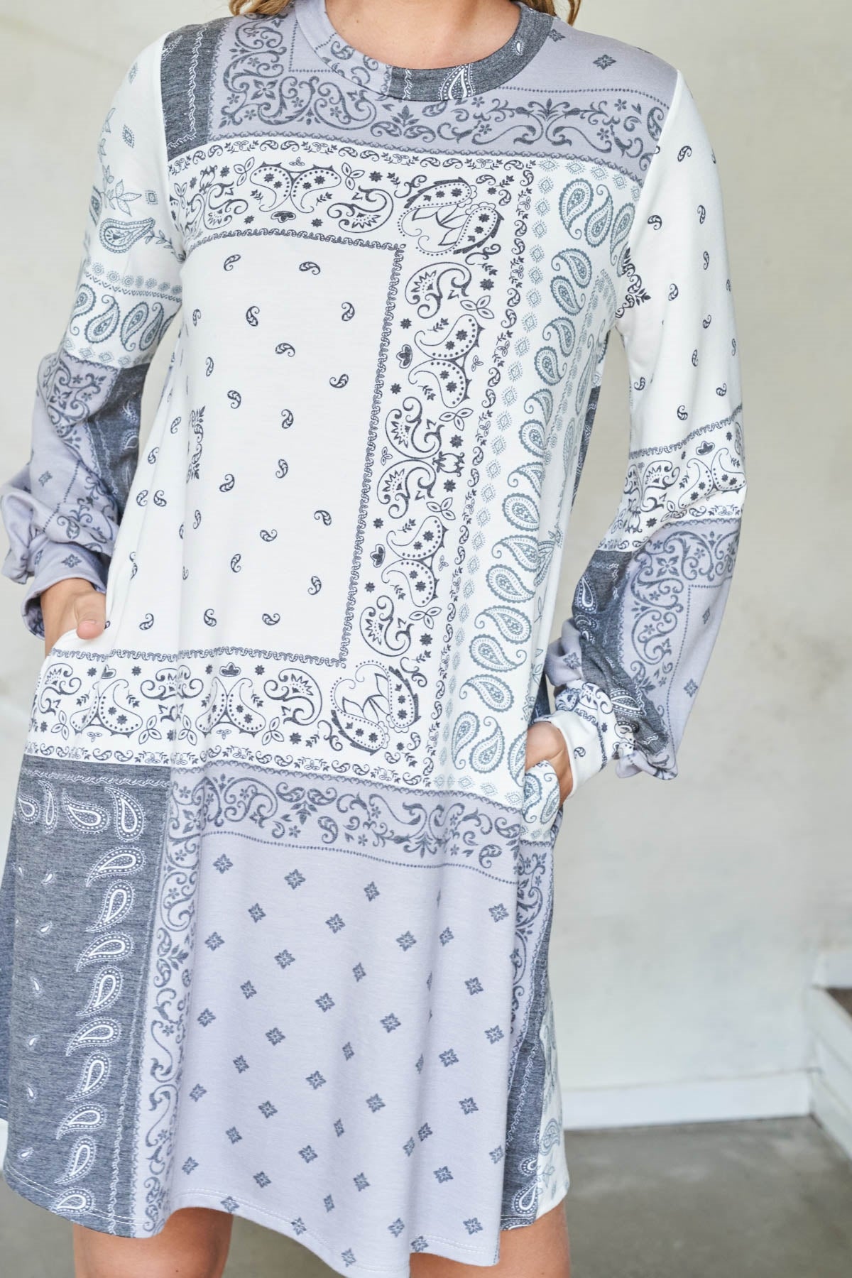 LONG SLEEVE PAISLEY PRINT DRESS WITH INSEAM POCKET 1-2-2-2