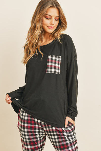 SOLID TOP PLAID POCKET AND JOGGERS SET WITH SELF TIE 1-2-2-2 (NOW $8.75 ONLY!)