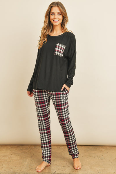 SOLID TOP PLAID POCKET AND JOGGERS SET WITH SELF TIE 1-2-2-2