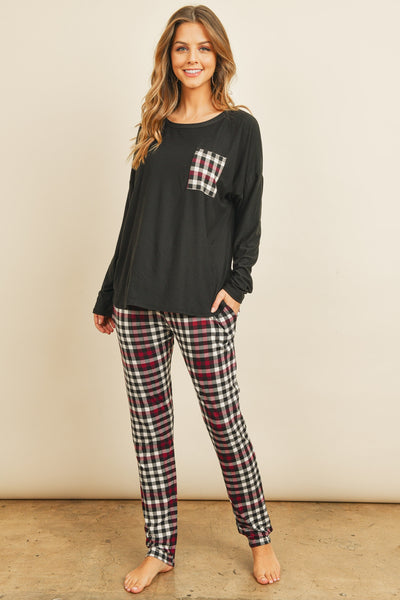 SOLID TOP PLAID POCKET AND JOGGERS SET WITH SELF TIE 1-2-2-2 (NOW $8.75 ONLY!)