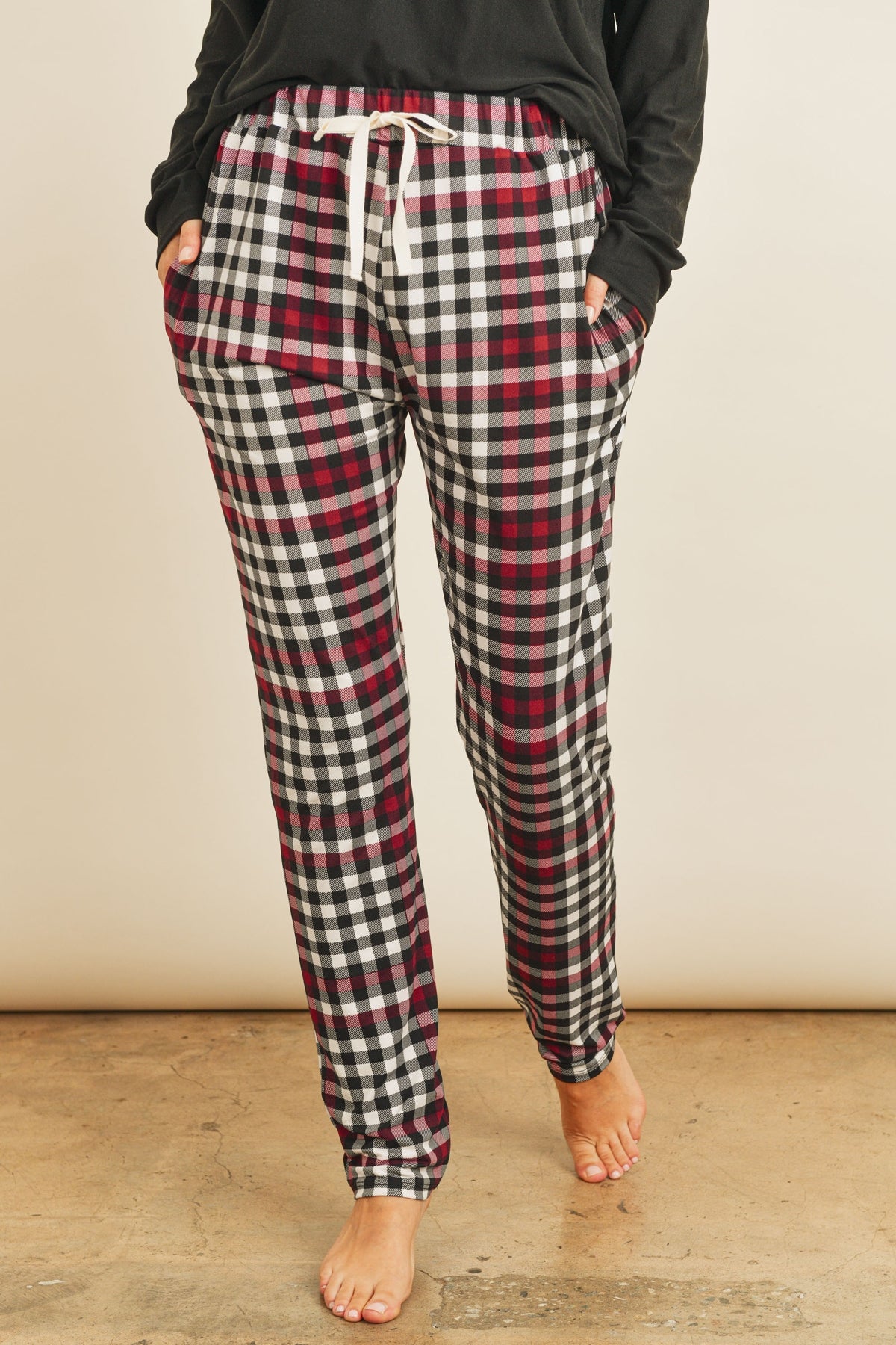 SOLID TOP PLAID POCKET AND JOGGERS SET WITH SELF TIE 1-2-2-2