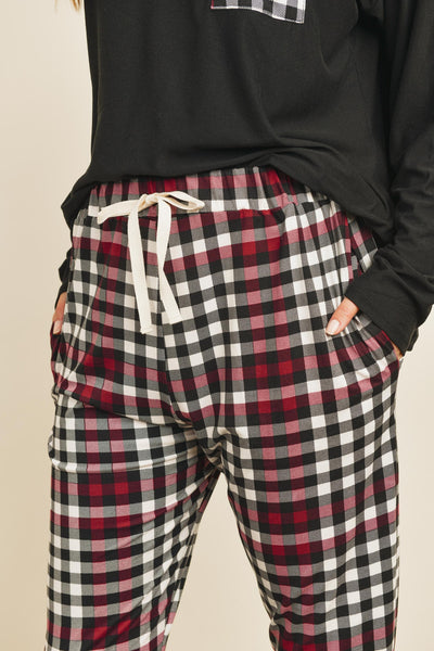 SOLID TOP PLAID POCKET AND JOGGERS SET WITH SELF TIE 1-2-2-2