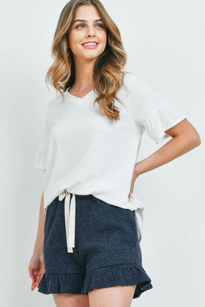 RIB DETAIL TOP AND HACCI BRUSHED SHORTS SET WITH SELF TIE 1-2-2-2