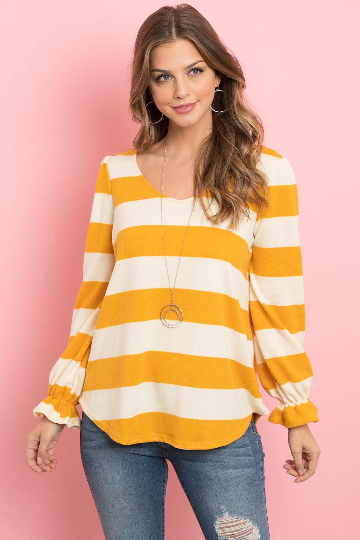 STRIPES RUFFLE SLEEVE ROUND HEM HACCI TOP 1-2-2-2