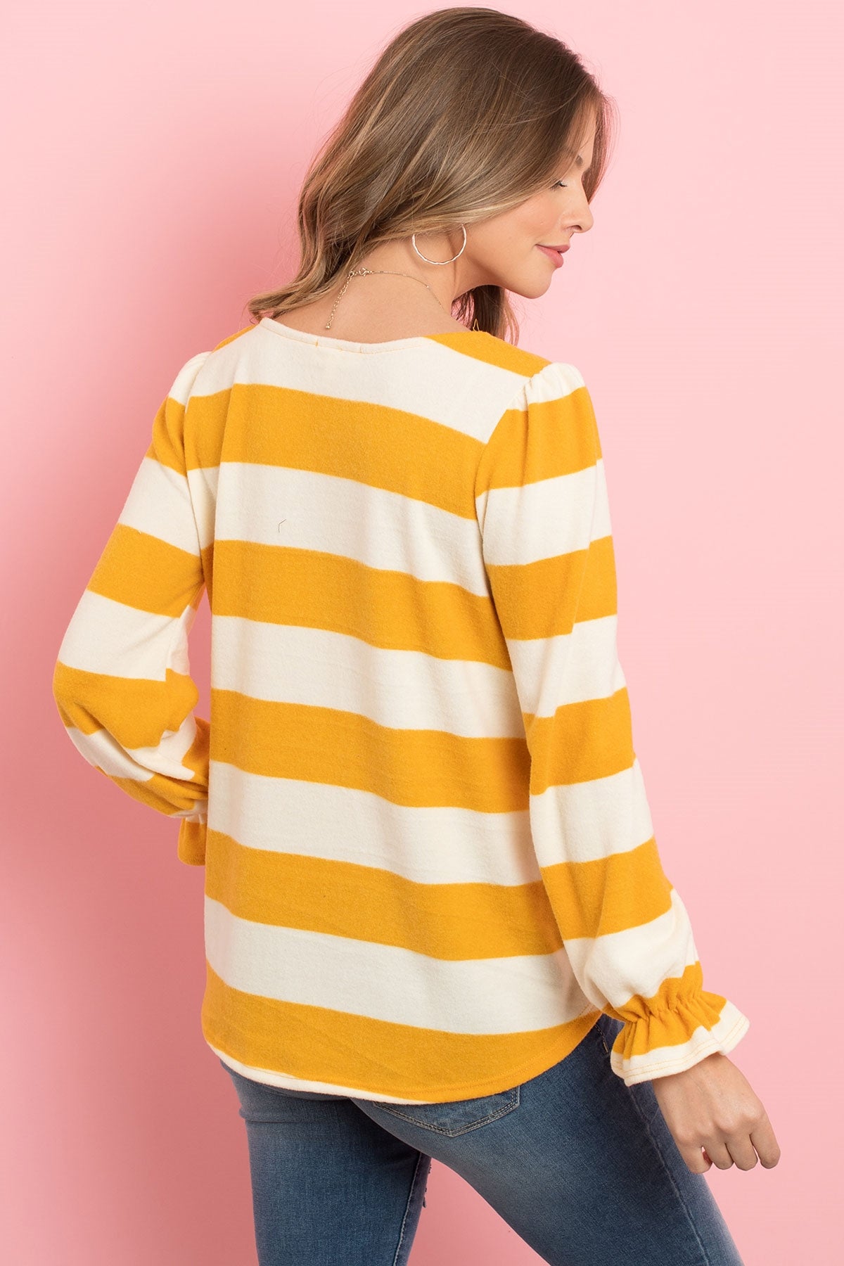 STRIPES RUFFLE SLEEVE ROUND HEM HACCI TOP 1-2-2-2