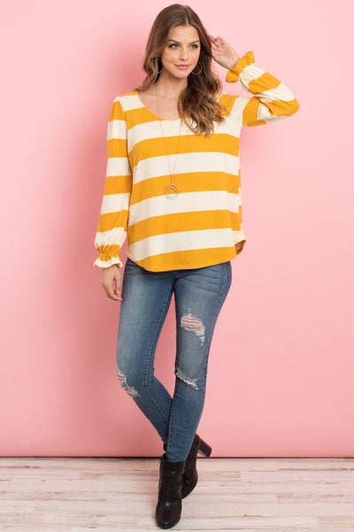 STRIPES RUFFLE SLEEVE ROUND HEM HACCI TOP 1-2-2-2