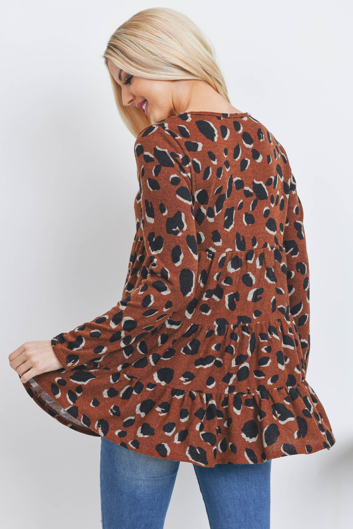 LEOPARD LONG SLEEVE LAYERED SHIRRING TOP 1-2-2-2