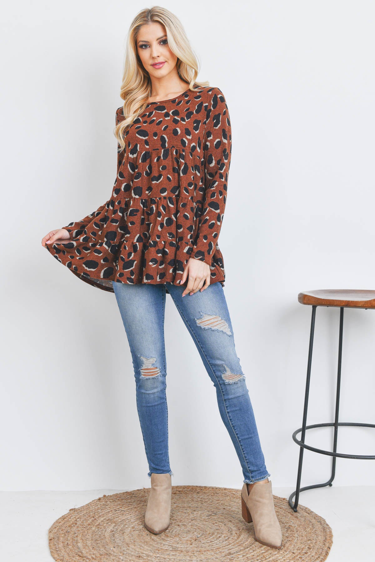 LEOPARD LONG SLEEVE LAYERED SHIRRING TOP 1-2-2-2