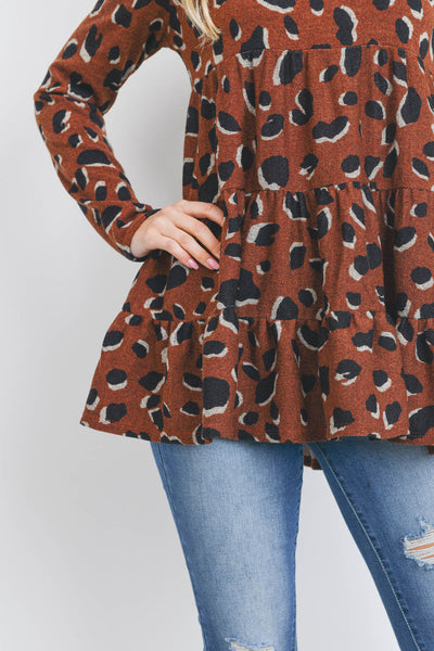 LEOPARD LONG SLEEVE LAYERED SHIRRING TOP 1-2-2-2