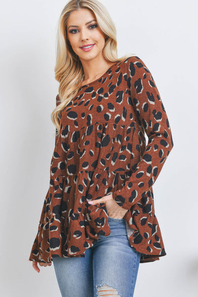 LEOPARD LONG SLEEVE LAYERED SHIRRING TOP 1-2-2-2