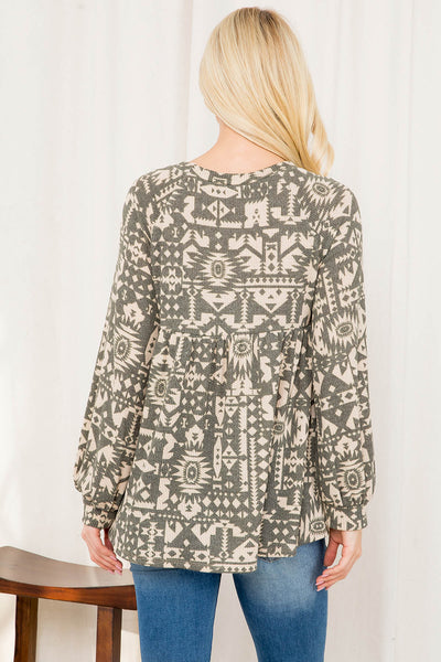 AZTEC PRINT PUFF SLEEVE SHIRRING TOP 1-2-2-2