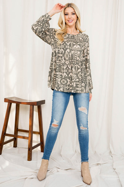 AZTEC PRINT PUFF SLEEVE SHIRRING TOP 1-2-2-2