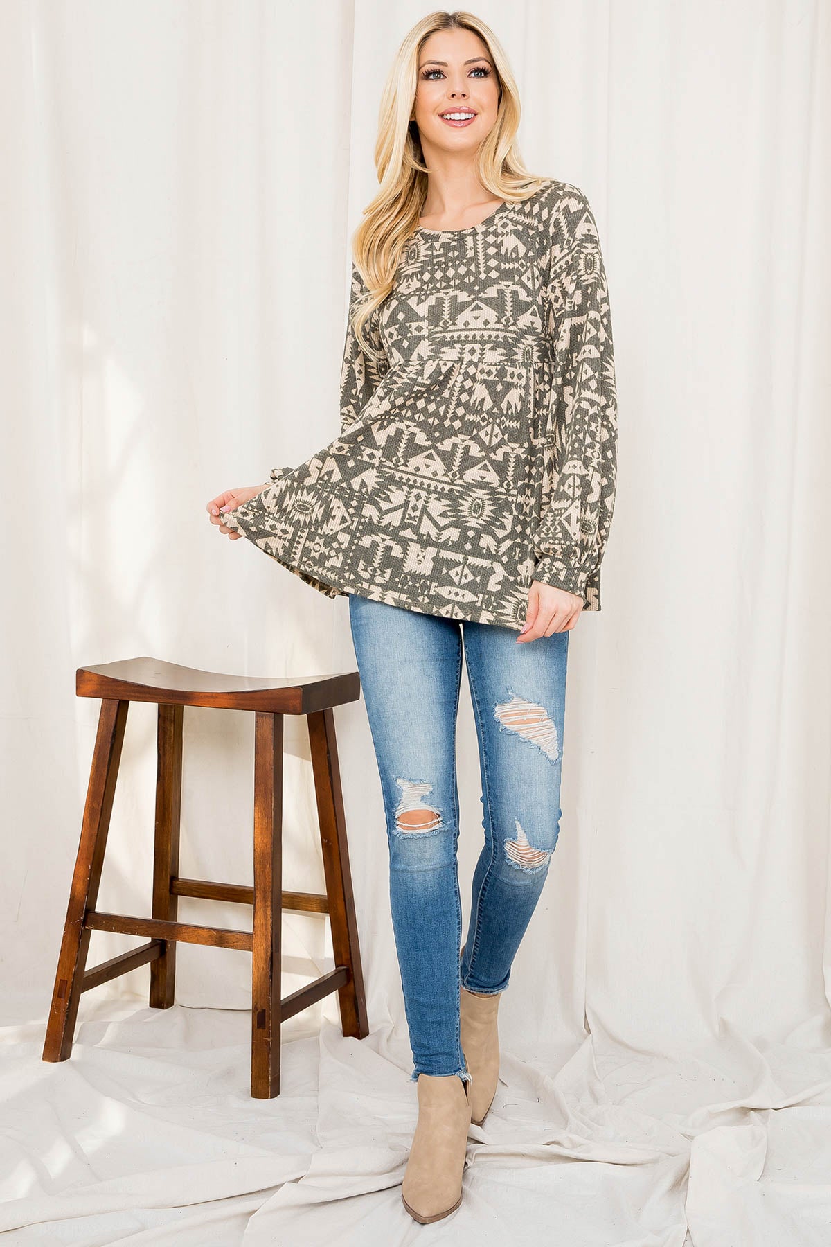 AZTEC PRINT PUFF SLEEVE SHIRRING TOP 1-2-2-2