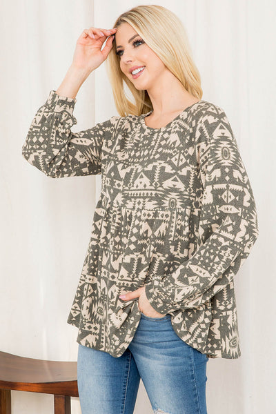 AZTEC PRINT PUFF SLEEVE SHIRRING TOP 1-2-2-2