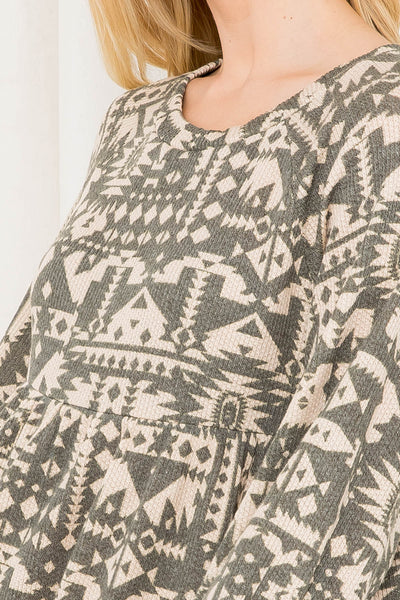 AZTEC PRINT PUFF SLEEVE SHIRRING TOP 1-2-2-2