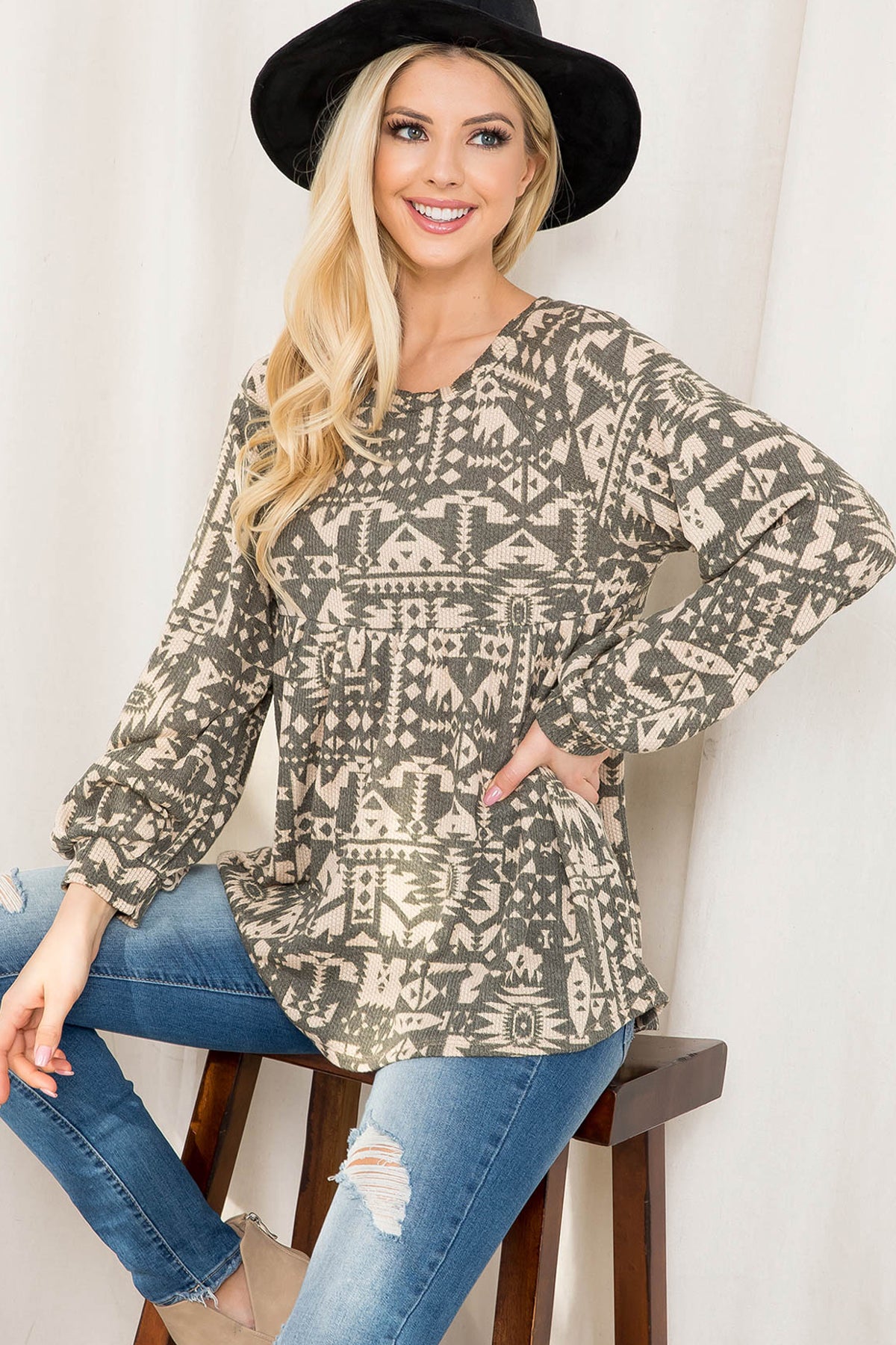 AZTEC PRINT PUFF SLEEVE SHIRRING TOP 1-2-2-2