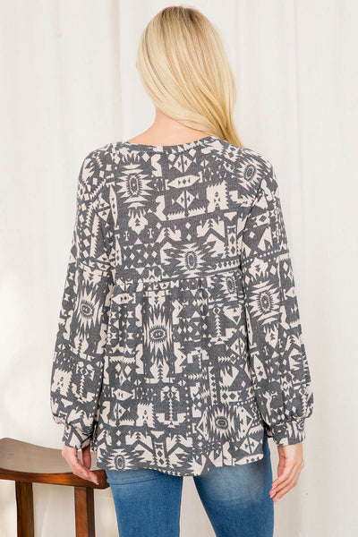 AZTEC PRINT PUFF SLEEVE SHIRRING TOP 1-2-2-2