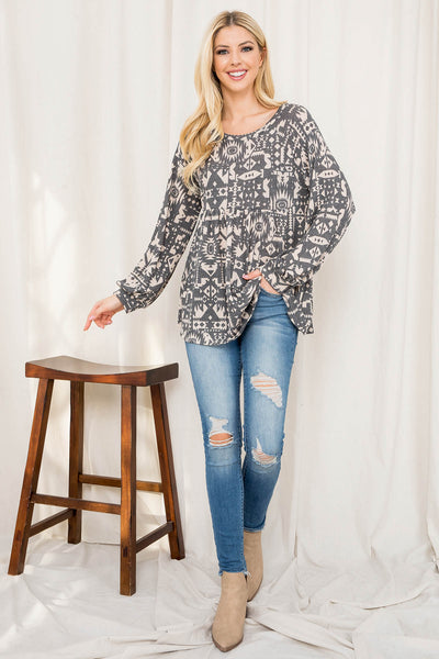 AZTEC PRINT PUFF SLEEVE SHIRRING TOP 1-2-2-2