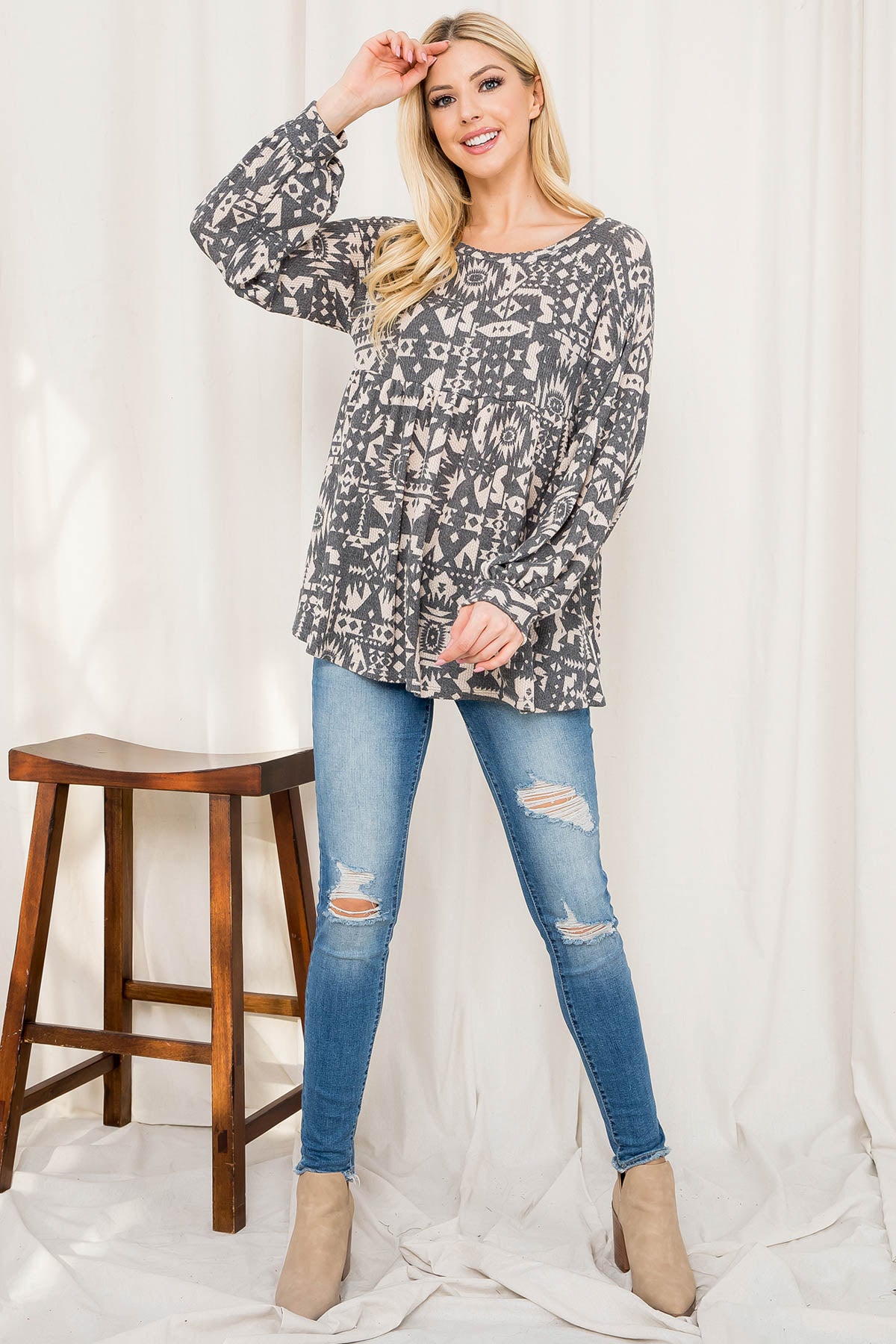 AZTEC PRINT PUFF SLEEVE SHIRRING TOP 1-2-2-2