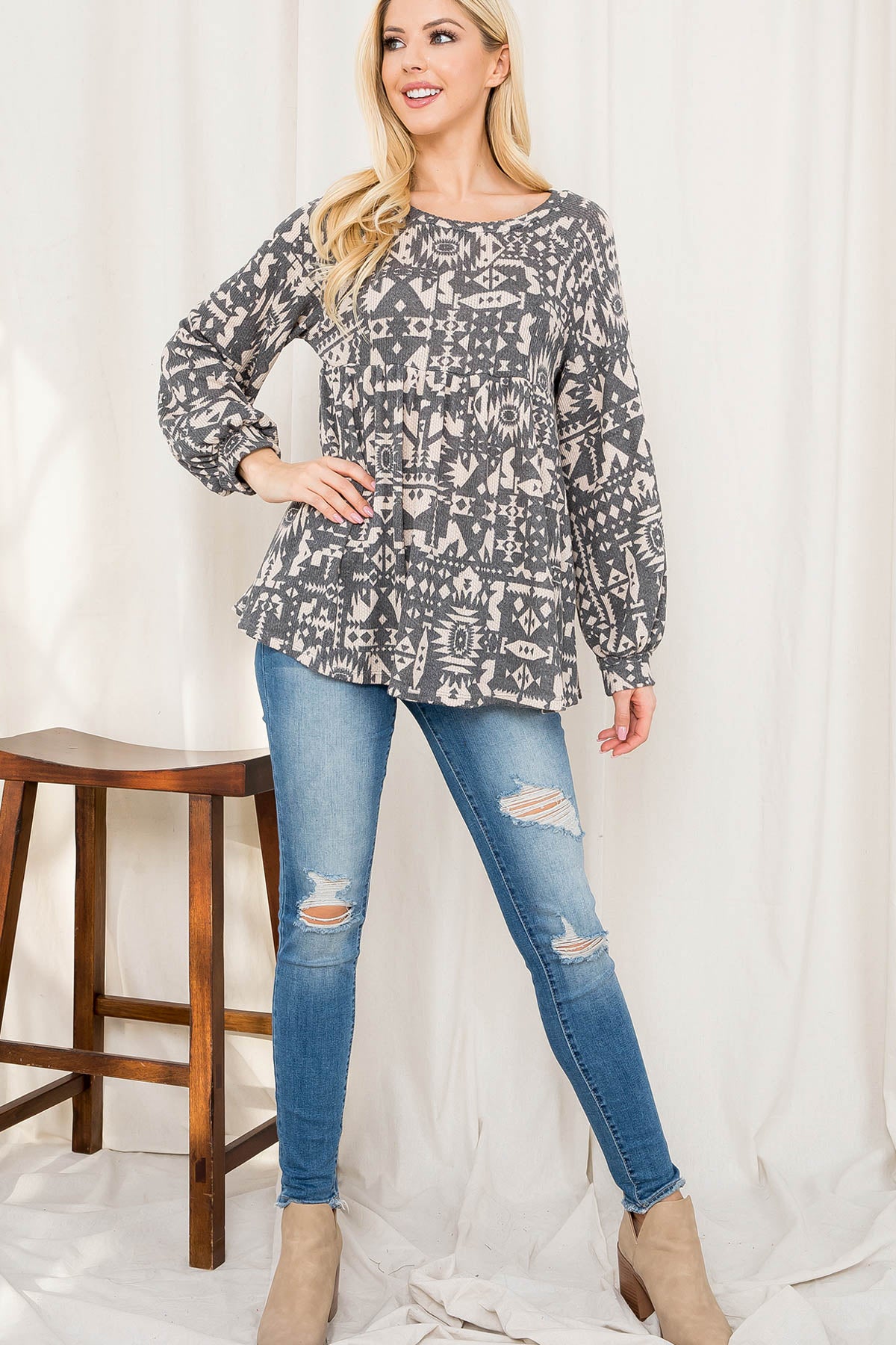 AZTEC PRINT PUFF SLEEVE SHIRRING TOP 1-2-2-2