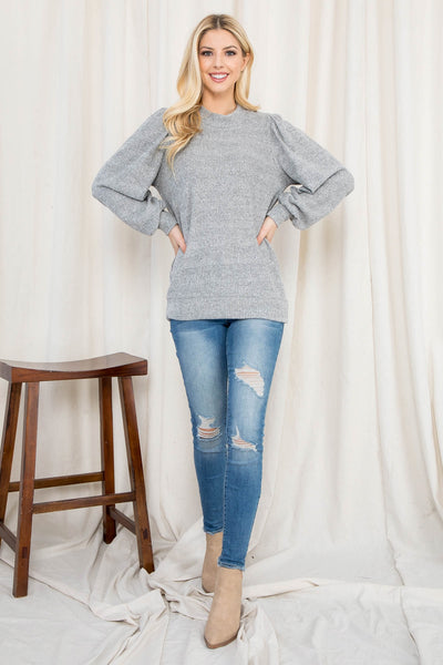 RIB BRUSH LONG SLEEVE SHIRRING DETAIL TOP (NOW $8.75 ONLY!)