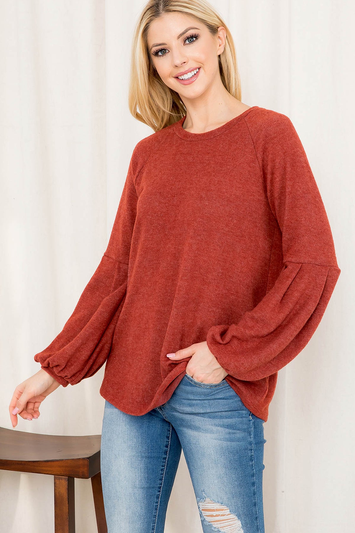 PUFF SLEEVE ROUND NECK CASHMERE TOP 1-2-2-2 (NOW $5.75 ONLY!)