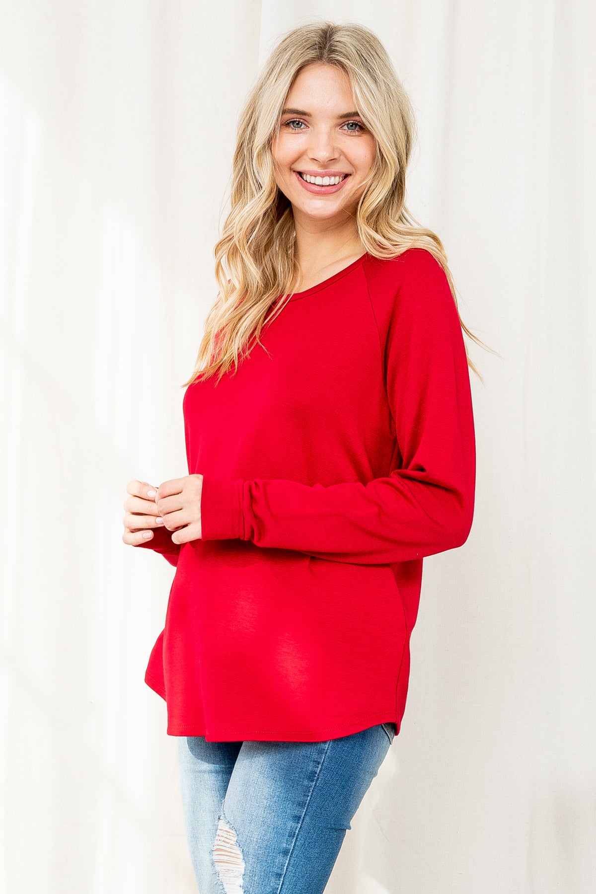 PLUS SIZE FLEECED SOLID FRENCH TERRY ROUND NECK LONG SLEEVED TOP 3-2-1