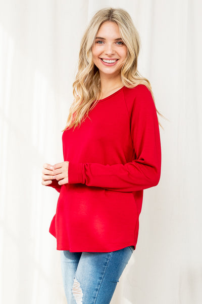 PLUS SIZE FLEECED SOLID FRENCH TERRY ROUND NECK LONG SLEEVED TOP 3-2-1