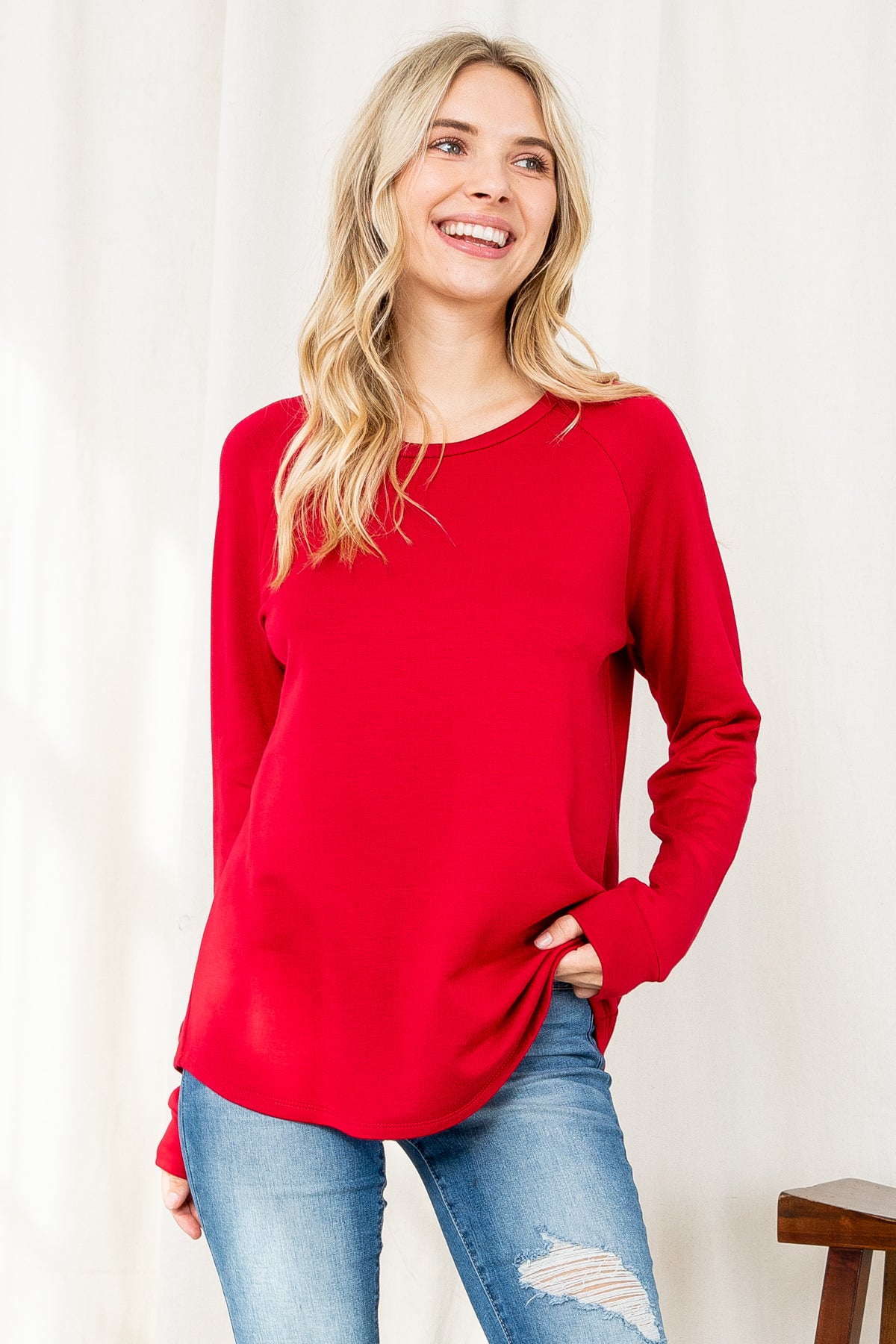 PLUS SIZE FLEECED SOLID FRENCH TERRY ROUND NECK LONG SLEEVED TOP 3-2-1