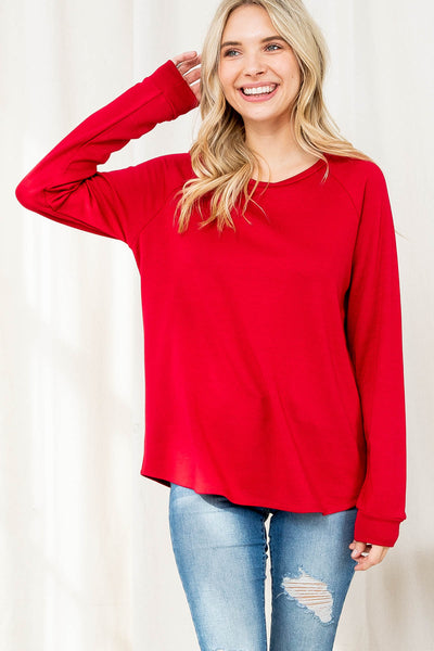 PLUS SIZE FLEECED SOLID FRENCH TERRY ROUND NECK LONG SLEEVED TOP 3-2-1