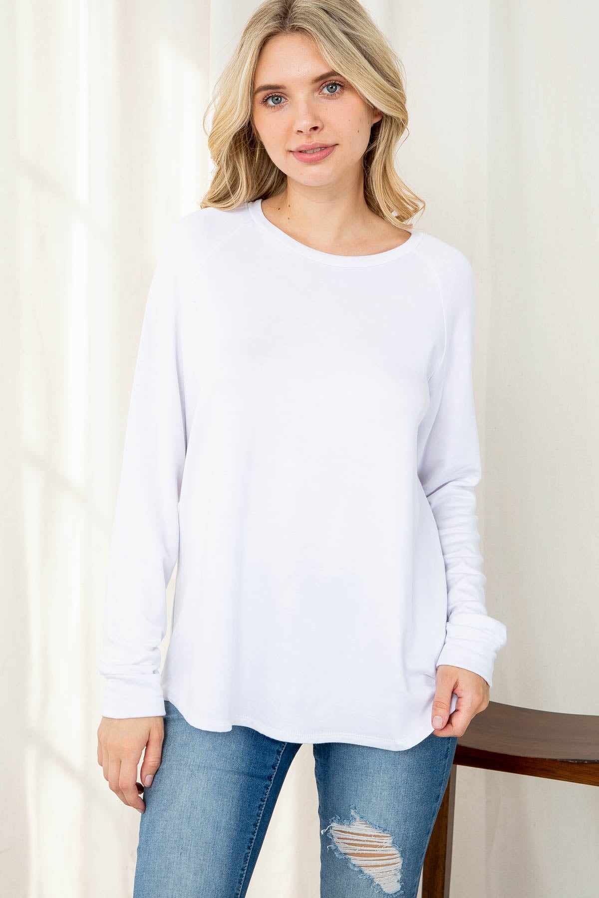 PLUS SIZE FLEECED SOLID FRENCH TERRY ROUND NECK LONG SLEEVED TOP 3-2-1