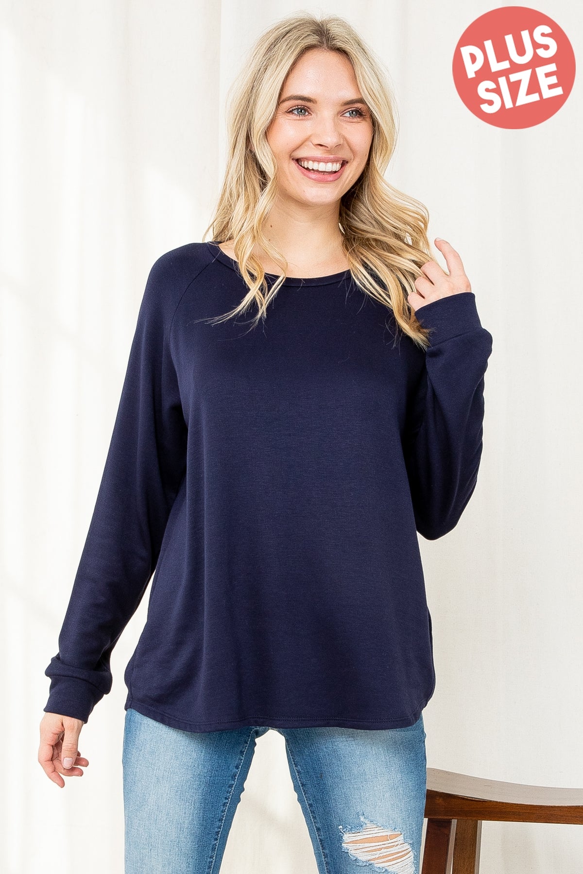 PLUS SIZE FLEECED SOLID FRENCH TERRY ROUND NECK LONG SLEEVED TOP 3-2-1