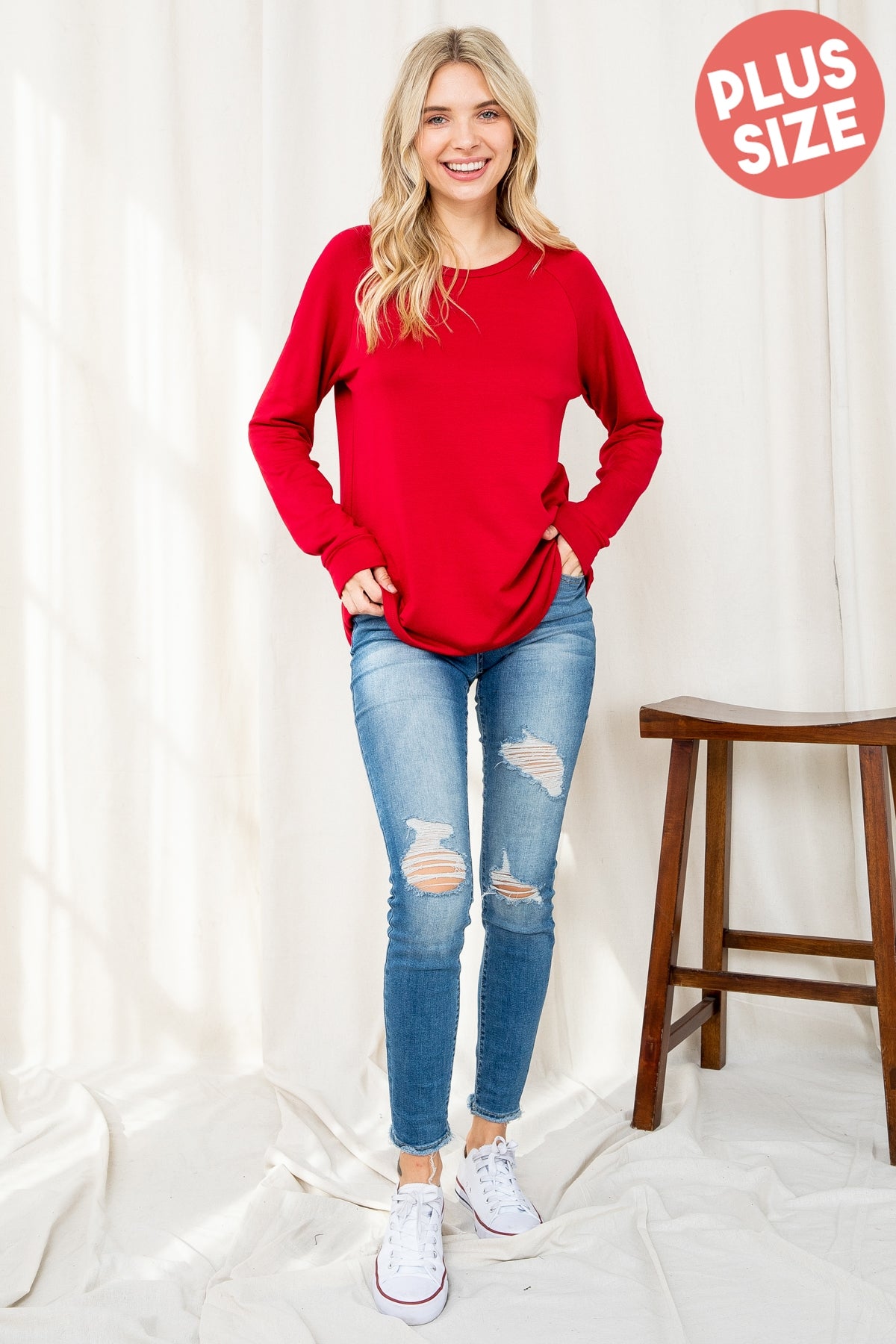 PLUS SIZE FLEECED SOLID FRENCH TERRY ROUND NECK LONG SLEEVED TOP 3-2-1