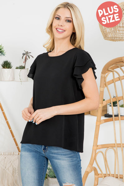 LAYERED RUFFLE SLEEVE ROUND NECK WOVEN TOP 3-2-1