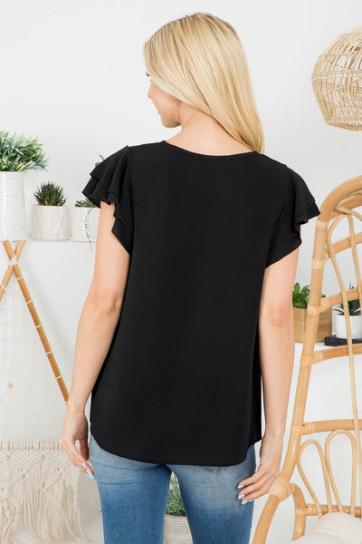 LAYERED RUFFLE SLEEVE ROUND NECK WOVEN TOP 3-2-1