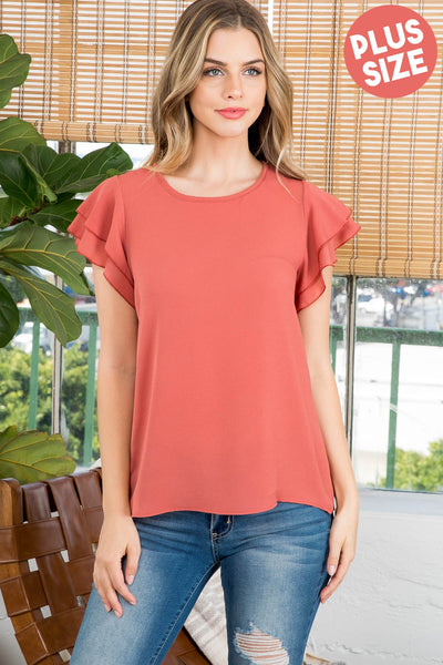 LAYERED RUFFLE SLEEVE ROUND NECK WOVEN TOP 3-2-1