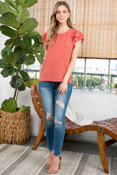 LAYERED RUFFLE SLEEVE ROUND NECK WOVEN TOP 3-2-1