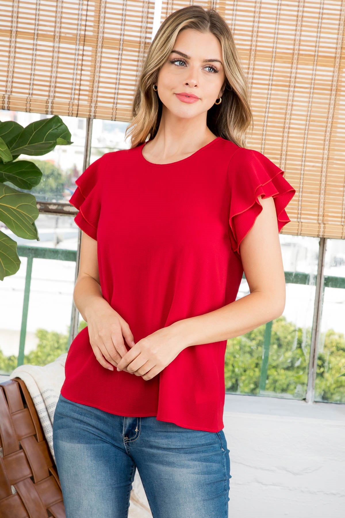 LAYERED RUFFLE SLEEVE ROUND NECK WOVEN TOP 3-2-1