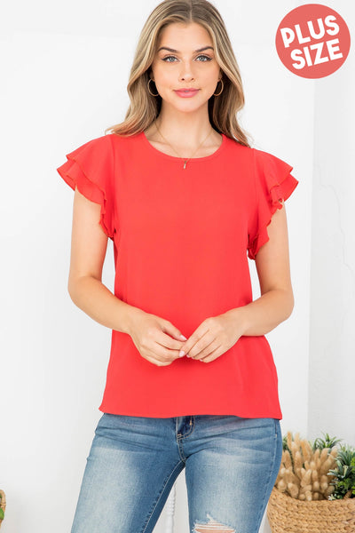 LAYERED RUFFLE SLEEVE ROUND NECK WOVEN TOP 3-2-1