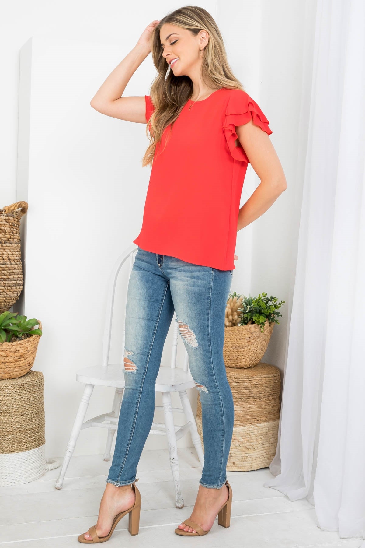 LAYERED RUFFLE SLEEVE ROUND NECK WOVEN TOP 3-2-1