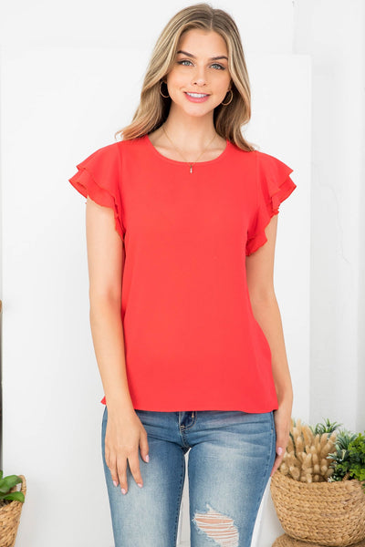 LAYERED RUFFLE SLEEVE ROUND NECK WOVEN TOP 3-2-1