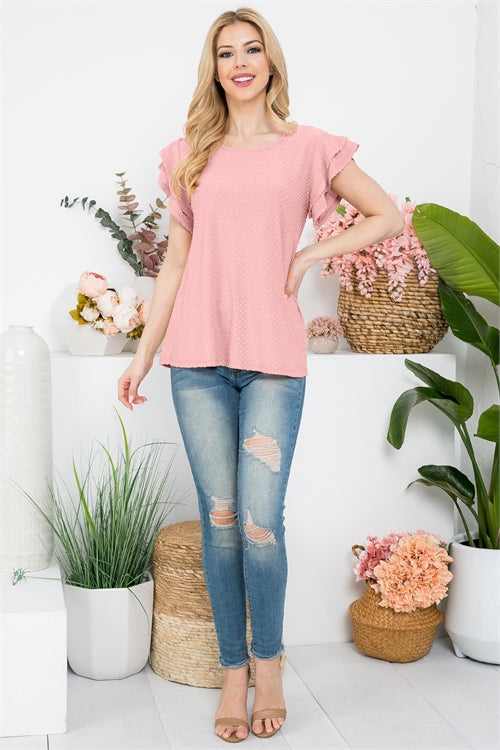 PPT20665X-PLUS SIZE SOLID RUFFLE SLEEVE SWISS DOT TOP 3-2-1