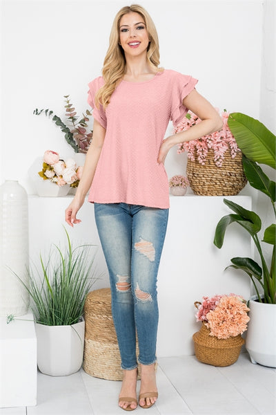 PPT20665X-PLUS SIZE SOLID RUFFLE SLEEVE SWISS DOT TOP 3-2-1